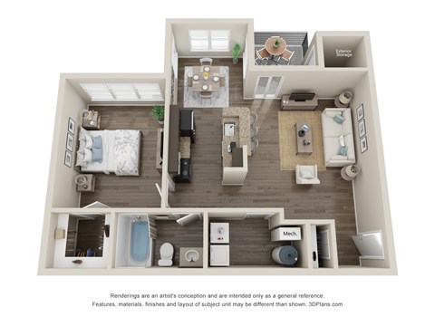 Floor plan for 1 bed, 1 bath, 753 sqft